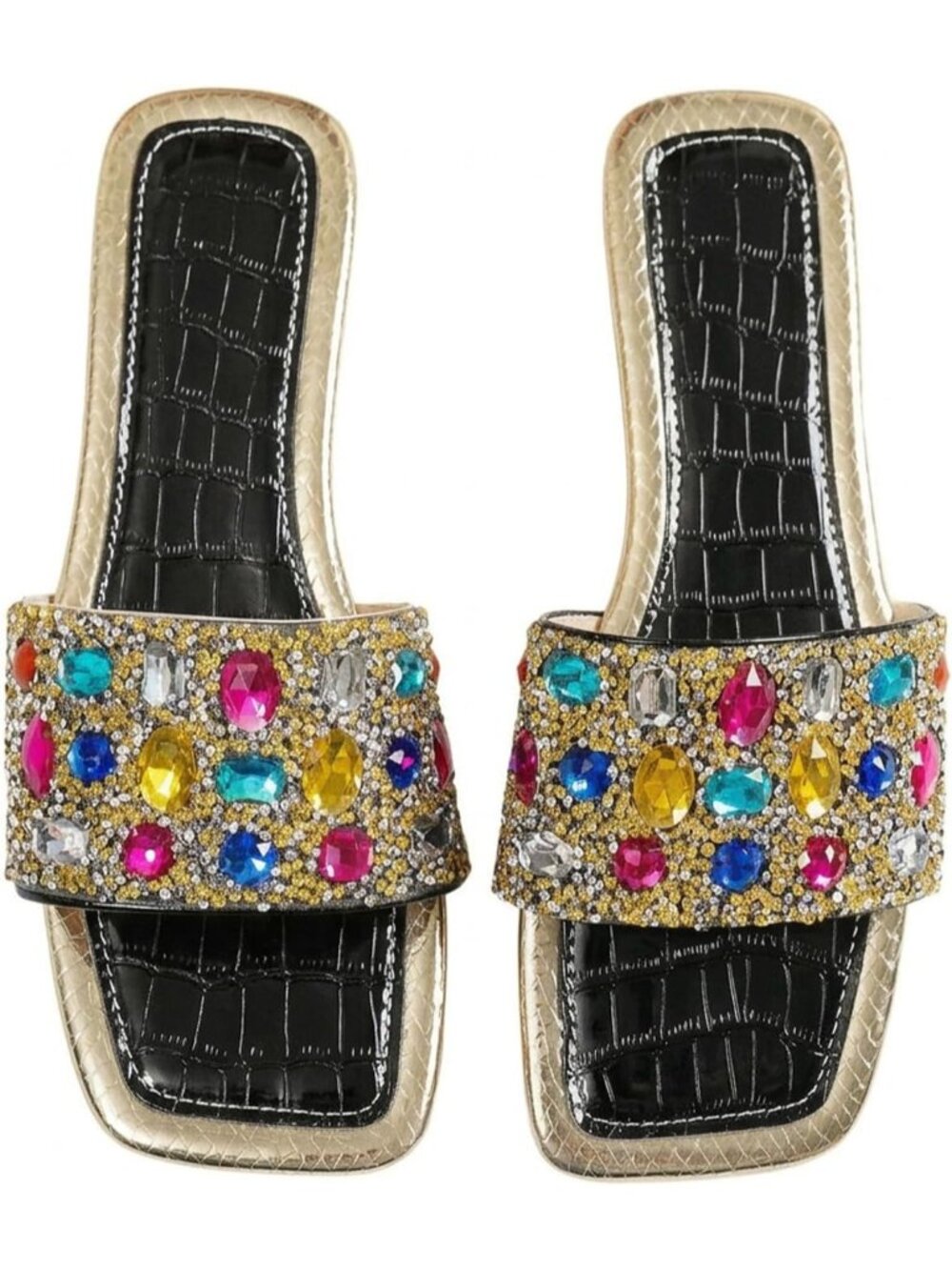 🆕Women's Black Rhinestone Rainbow Flat Sandals Sparkly Bling Slides Glitter